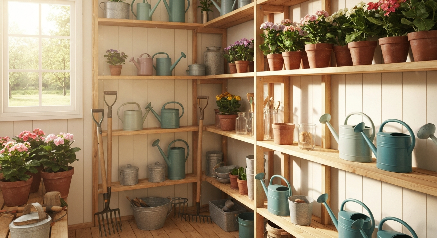 Tuinhuis interieur met rekken en gereedschap