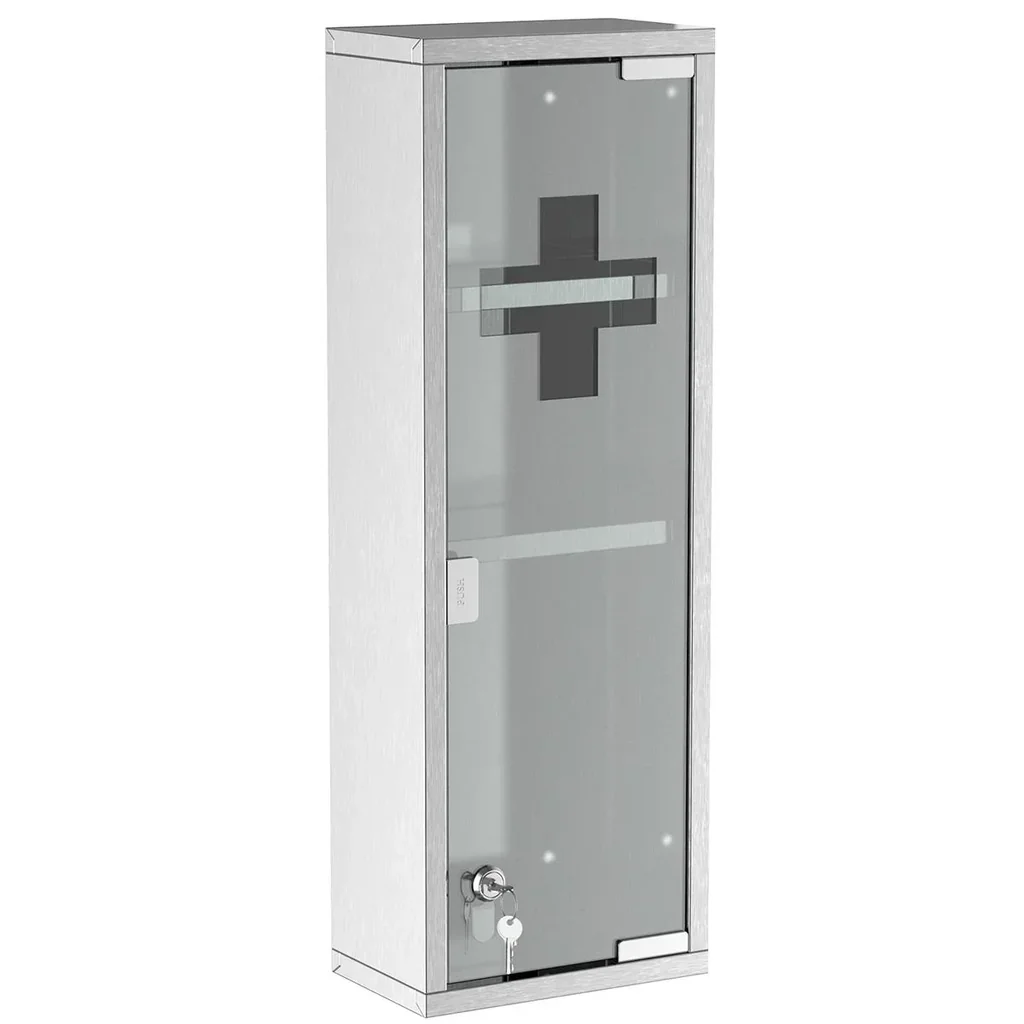 Medicine cabinet first aid cabinet with lock 3 compartments frosted glass 430 stainless steel + tempered glass door silver 20