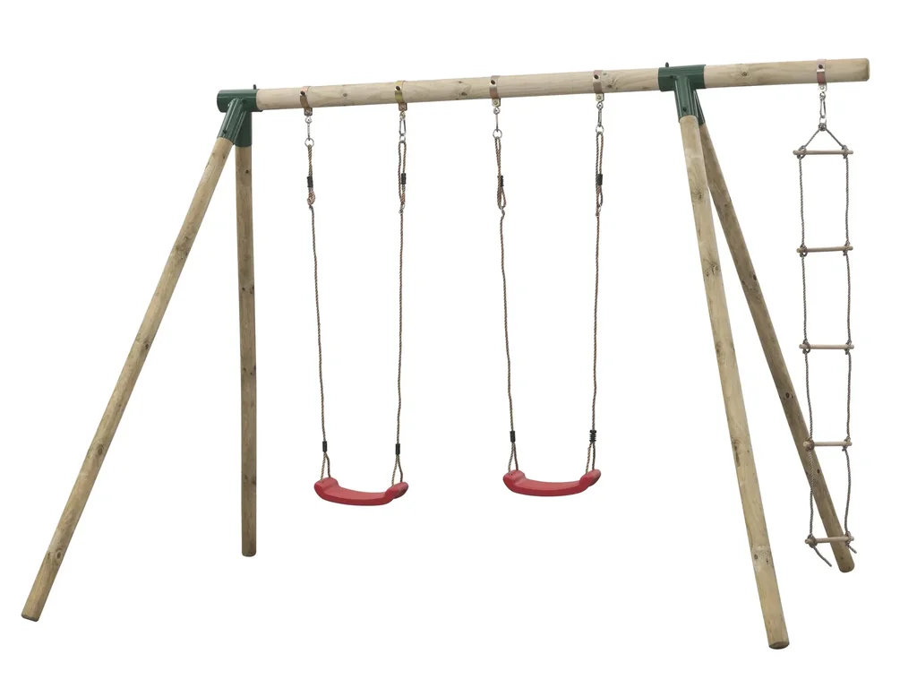 Charlotte round wood double swing with rope ladder