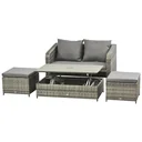 Polyrattan seating set 4 pcs. seating group garden set double sofa with stool table sofa set garden furniture set lounge gray