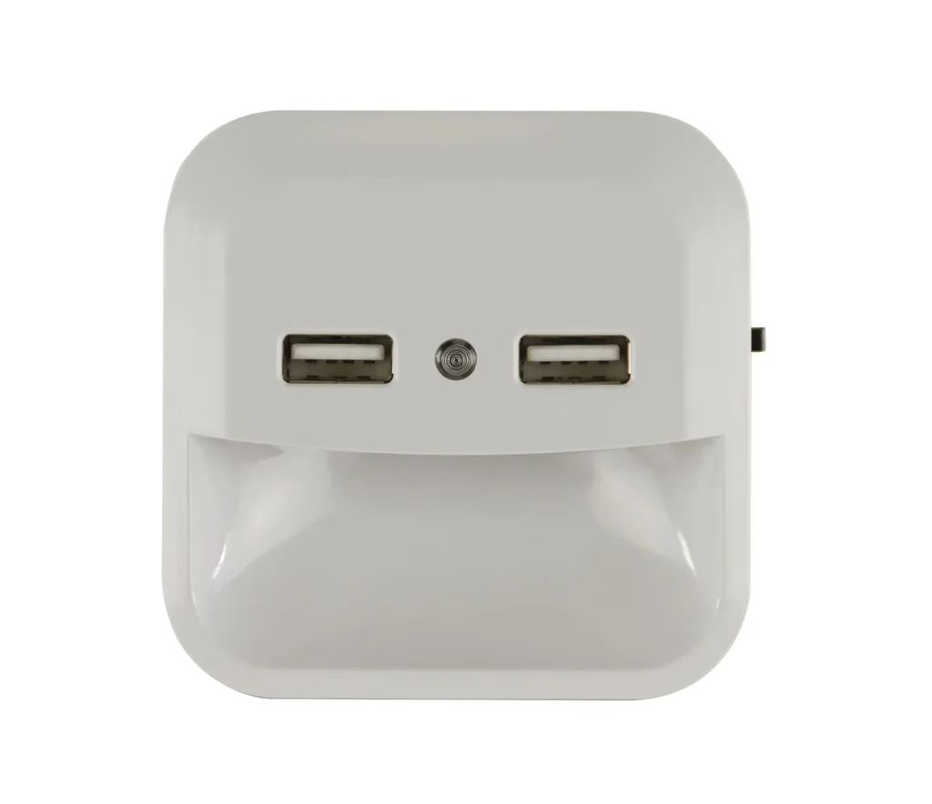 LED night light with integrated twilight sensor and 2 USB sockets