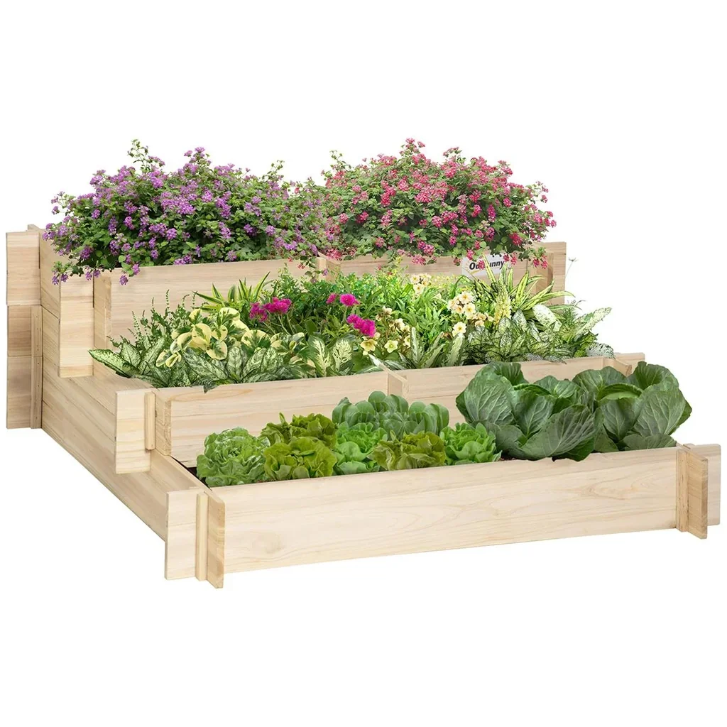 Raised bed 3-tiered garden bed plant bed herb bed flower staircase for balcony garden natural wood 93 x 93 x 35 cm