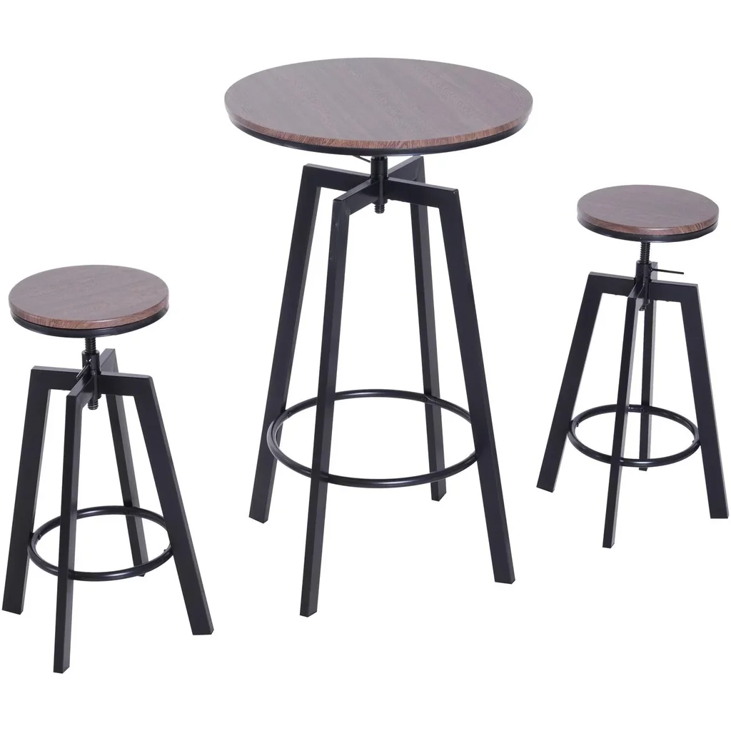 3-piece dining set, dining table, wooden table, dark natural wood look with 1 table + 2 stools