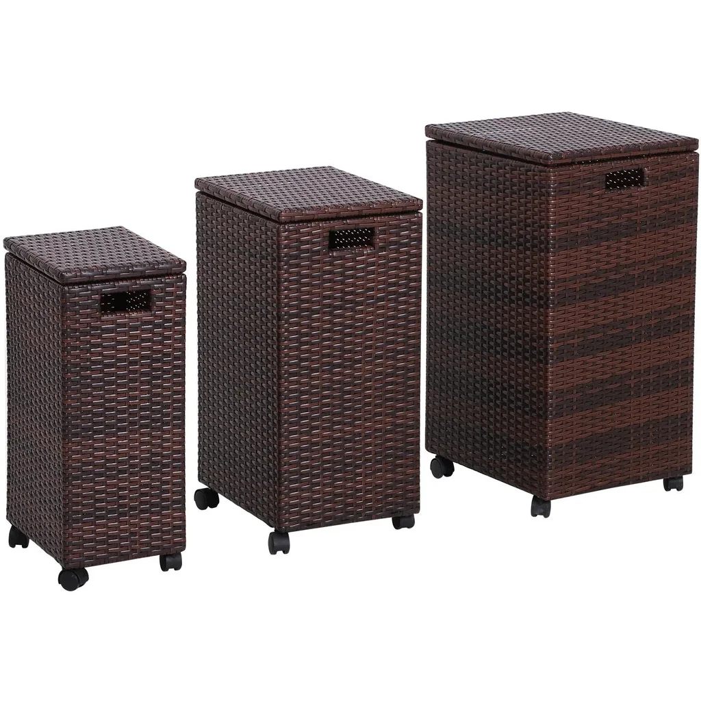 Storage box set of 3 storage boxes with lid, rollable, polyrattan brown L/M/S