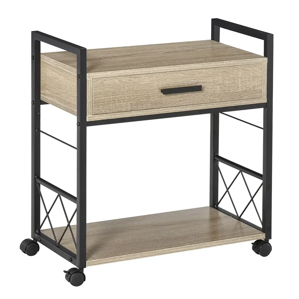 Side table serving trolley with wheels kitchen trolley coffee table with drawer storage sideboard movable chipboard natural
