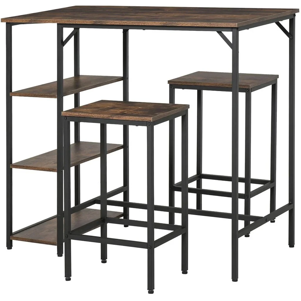 Bar table set, high table with 2 bar stools, 3-piece table set, kitchen counter with shelves, chipboard, steel, rustic brown+sc