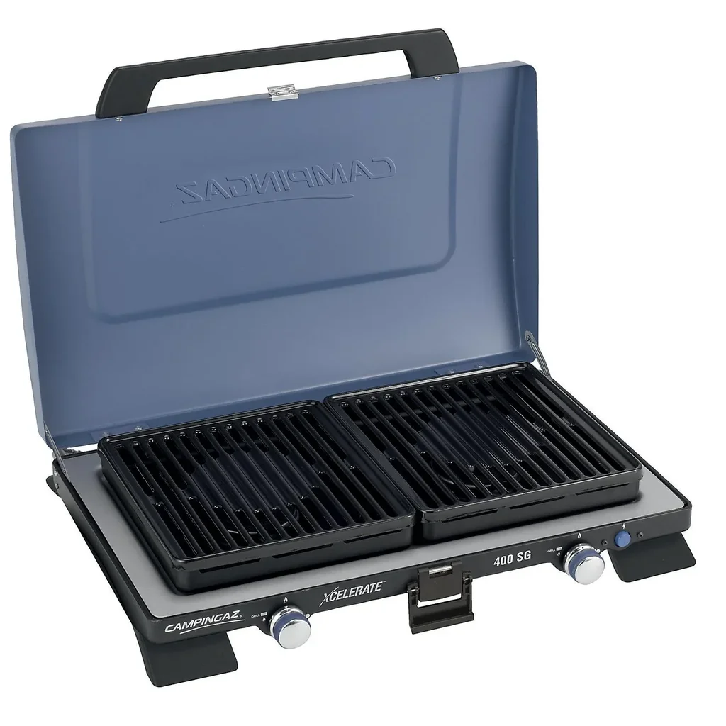 400 SG (cooker with grill plate, with Xcelerate burner) 2-burner, with 2-part grill attachment, piezo ignition and lid