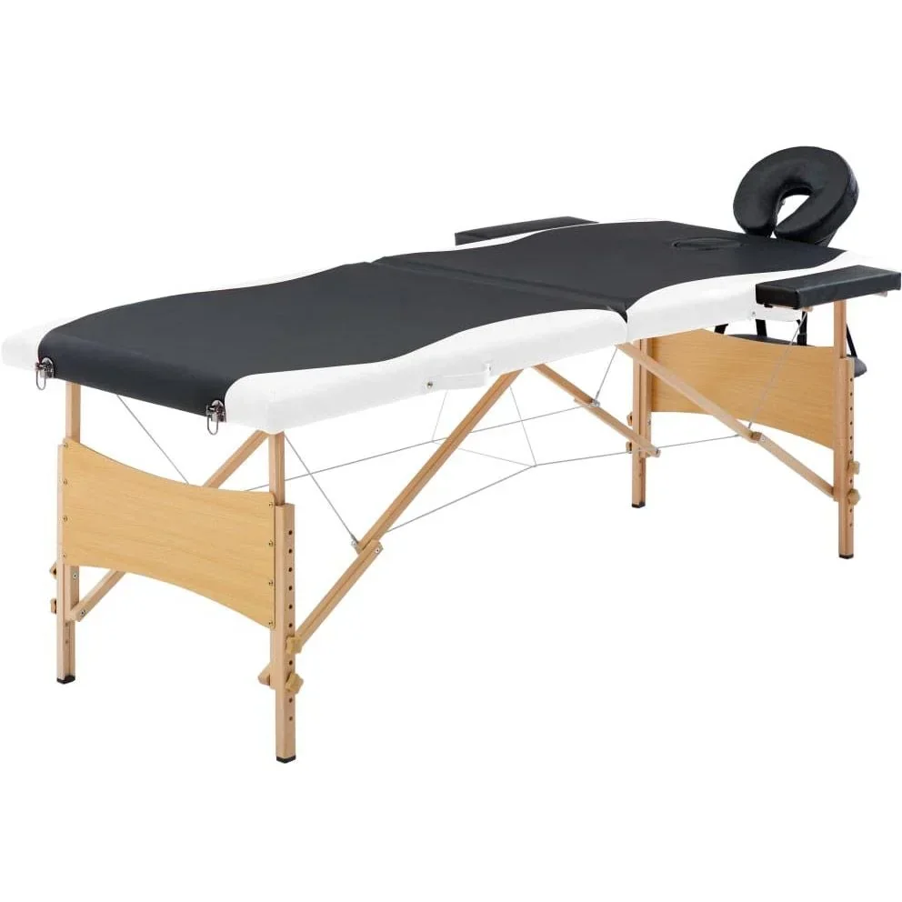 Folding massage table 2 zones wood black and white