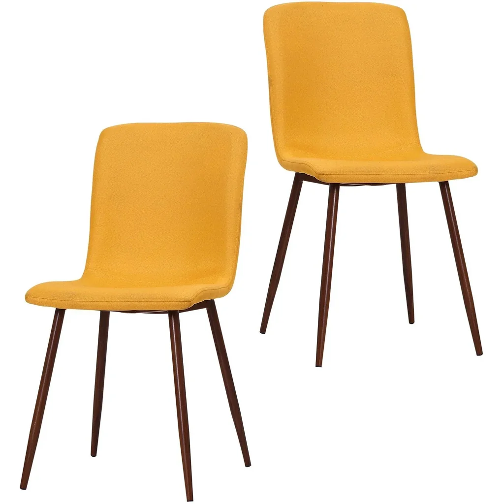 Set of 2 dining room chairs, kitchen chairs, upholstered chairs, living room chairs, linen cover, metal base, yellow, 43 x 56.5 x 85 cm