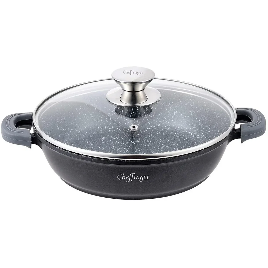 Cheffinger Casserole Dish / Low Pan / Serving Pot - Marble Coating - with Removable Silicone Handles - SS - 24cm