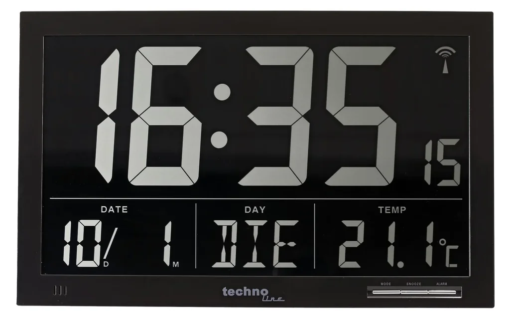 Digital XXL radio-controlled wall clock with indoor temperature display