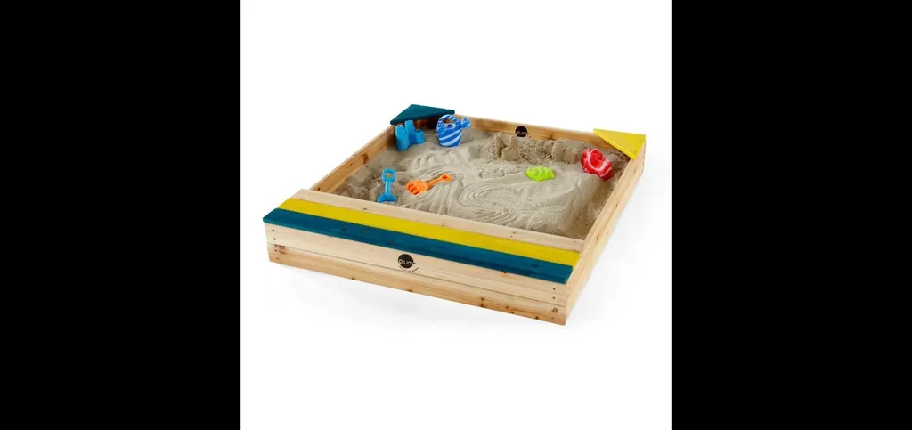 Wooden sandpit with storage box, outdoor sandpit for children made of wood, bench, seating area, colorful
