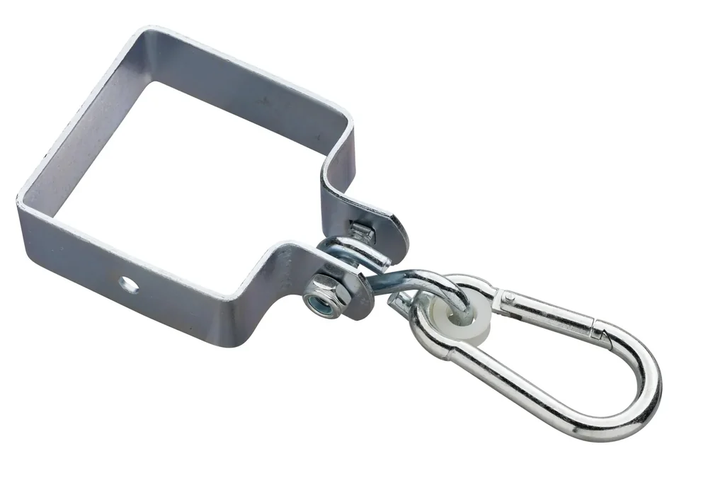 Swing hook square 90 x 90 x 3 mm galvanized with carabiner for playground equipment