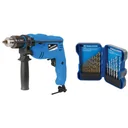 500 Watt hammer drill with 19-piece titanium-coated HSS drill bit set and TCT concrete drill bit set 1-9 mm
