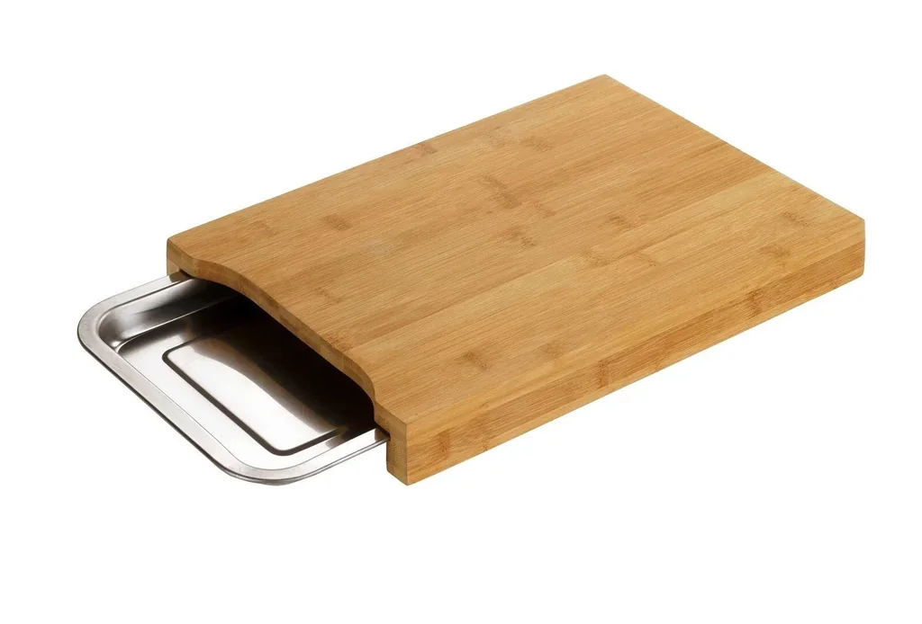 Bamboo cutting board with stainless steel drip tray