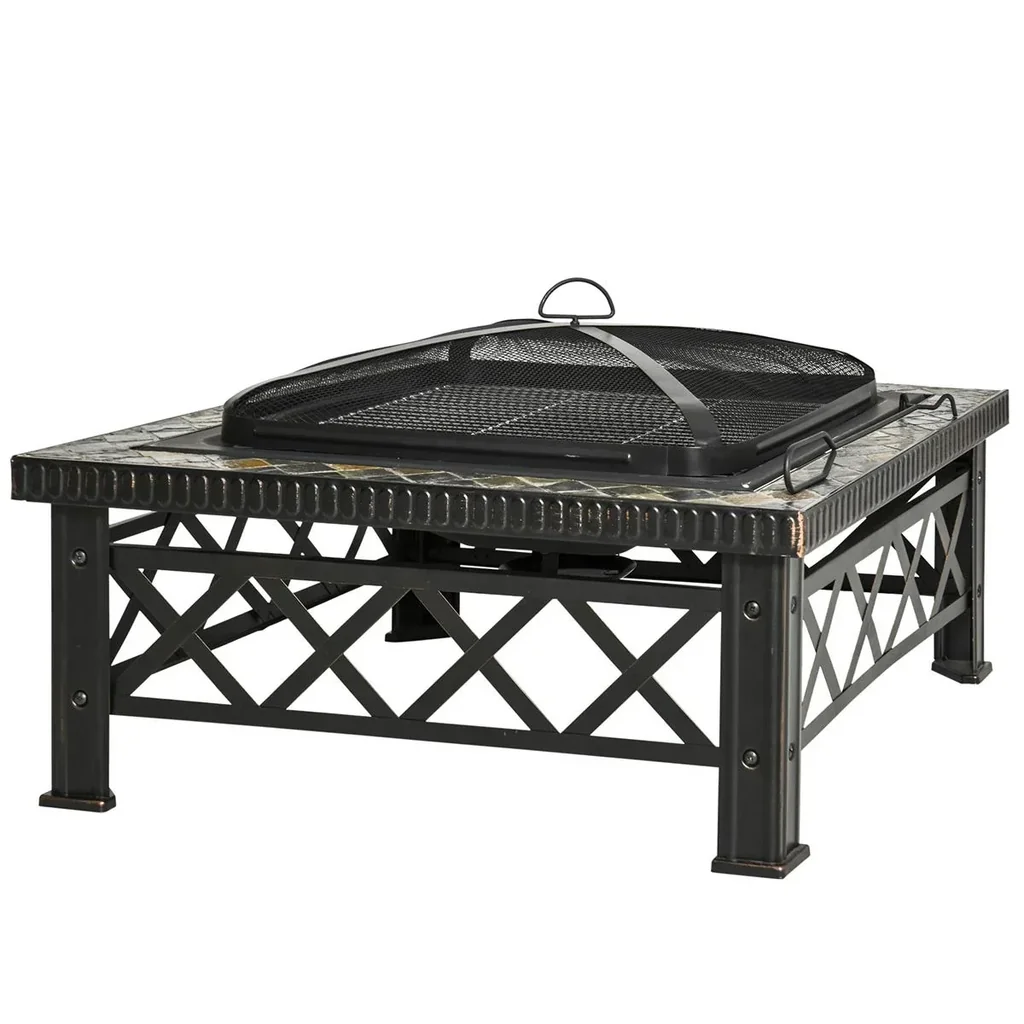 3-in-1 fire bowl fire basket fire pit with spark guard grill grate ice bucket garden BBQ black 76 x 76 x 47 cm