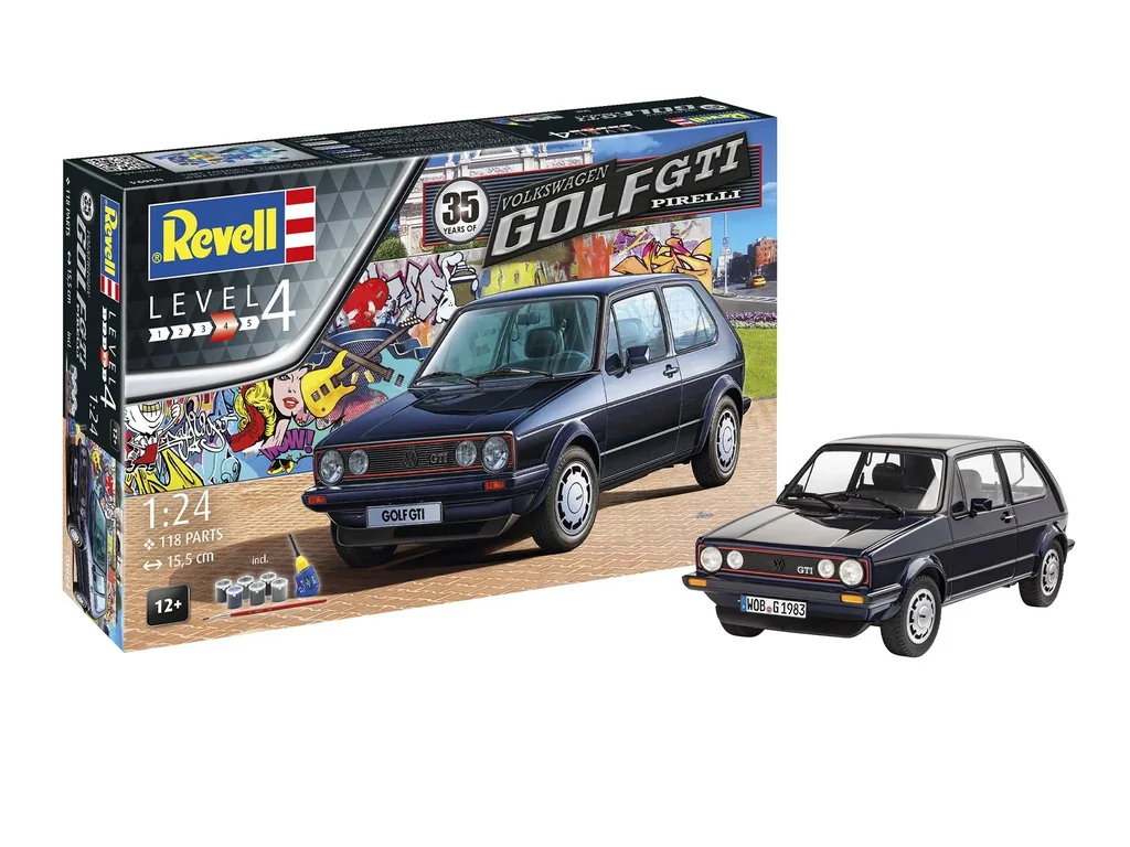 "35 Years Volkswagen Golf GTI Pirelli" model kit in 1/24 scale. 118 individual parts