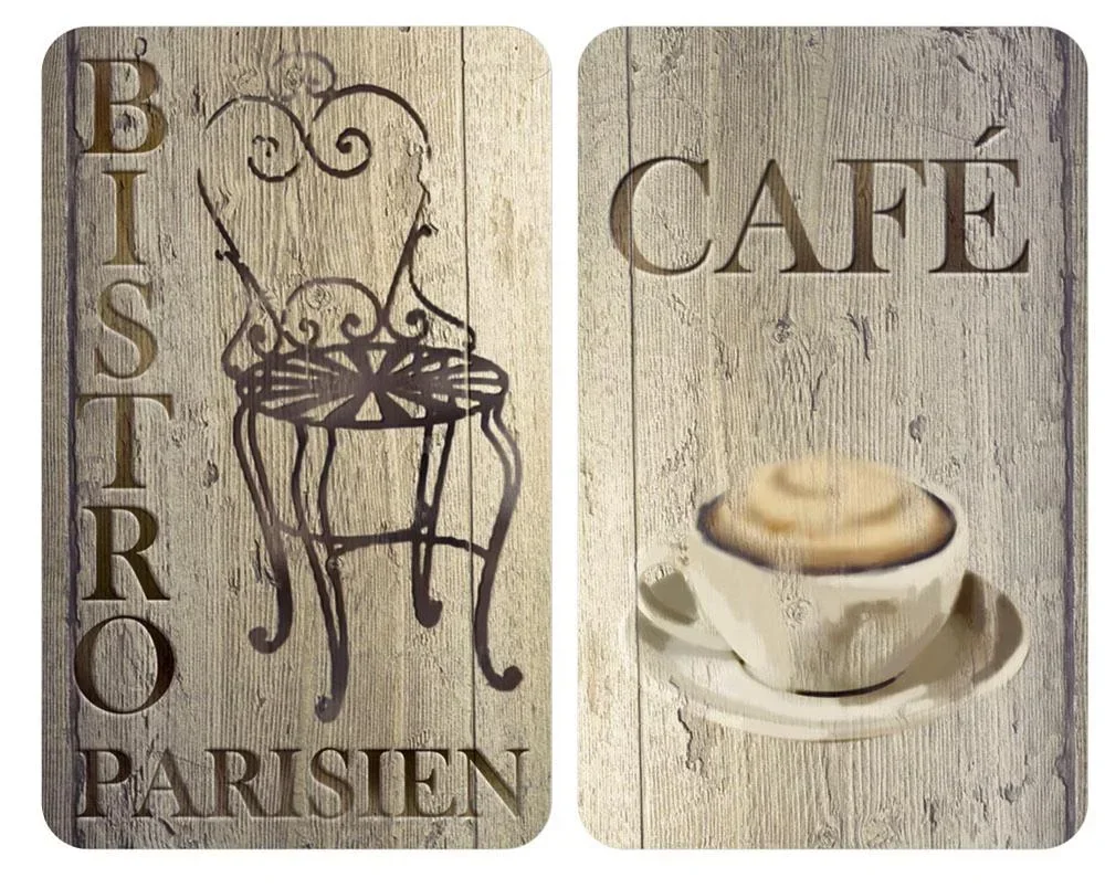 3-in-1 hob cover plates, cutting boards, worktops, glass, bistro design, each 52 x 30 cm, set of 2
