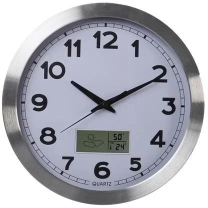 Aluminum wall clock with LCD display and thermometer, hygrometer & weather forecast - Ø 35 cm
