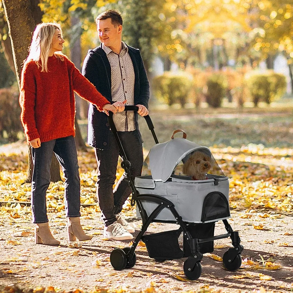 2-in-1 dog buggy transport bag cat buggy with universal wheel removable cover Oxford grey + black 76.5 x 48 x 99 cm