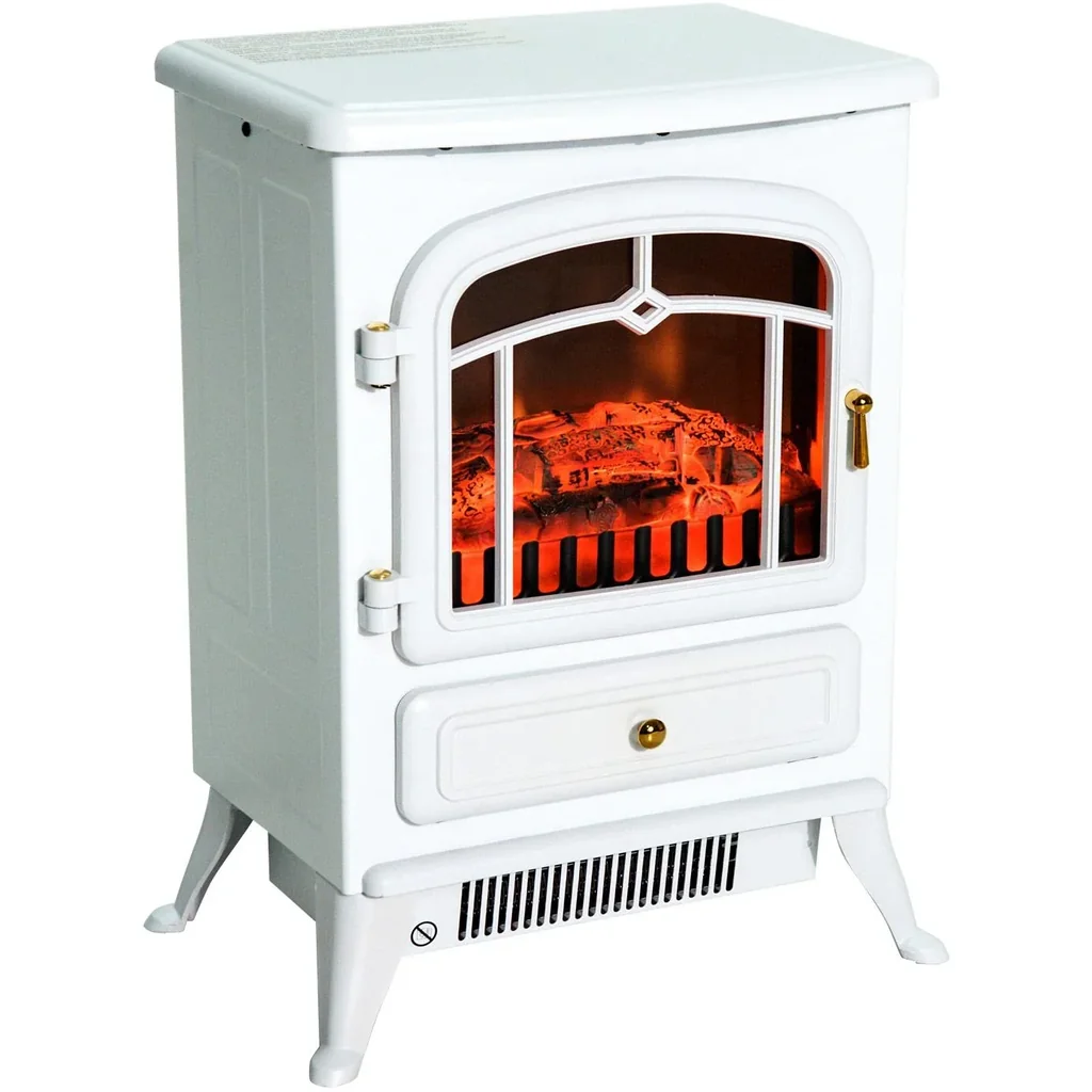 Electric fireplace stove flame effect metal glass white L42 x W28 x H55 cm