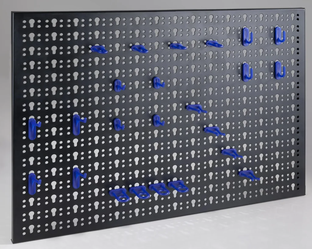 Perforated metal tool wall with 24 tool hooks