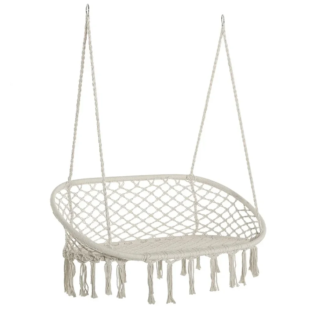 Hanging Chair Hammock 2-Seater Boho Style Macrame Net Pattern with Hanging Ceiling Hook for Porch Under Trees Garden