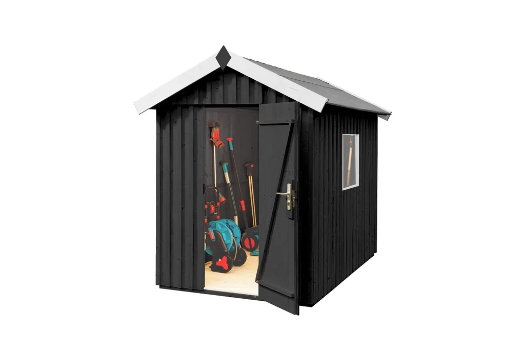 Swedish house size 1, L x W x H 200 x 208 x 220 cm, rough-sawn, anthracite, with single door and window