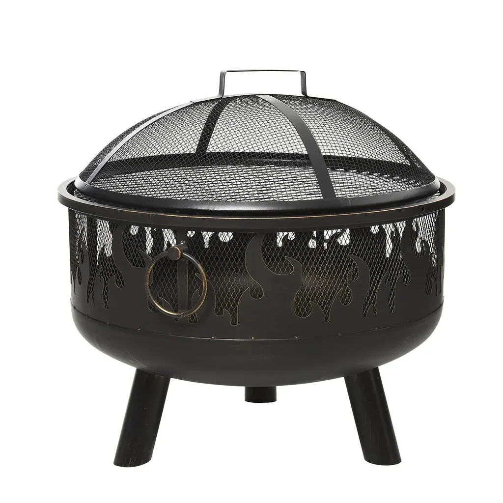 2-in-1 fire bowl fire basket fire pit with spark guard grill grate garden BBQ black Ø61.5 x 52H cm