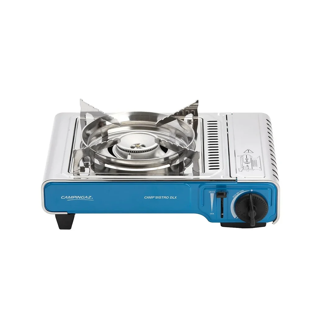 Camp'Bistro DLX camping stove with piezo ignition and overheat protection, stainless steel insert, including carrying case