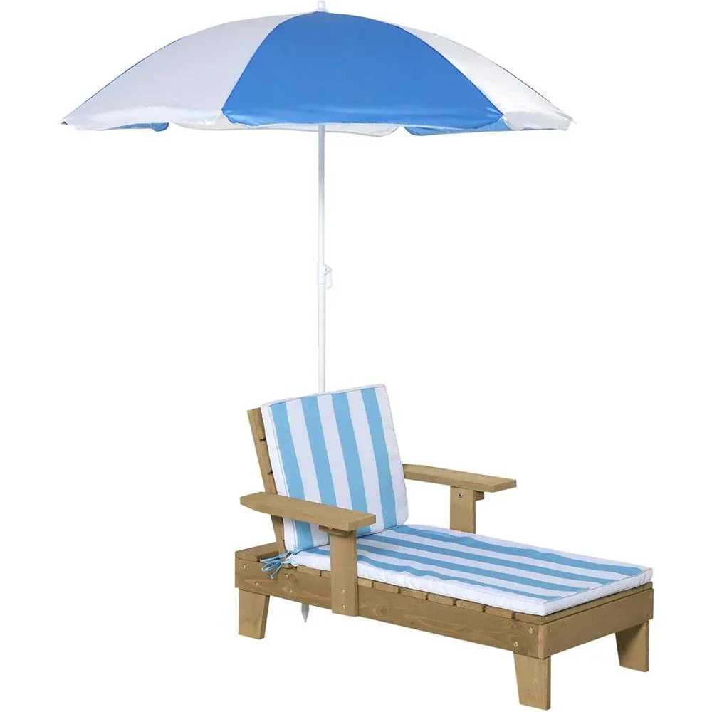 Children's sun lounger with parasol natural, blue, white