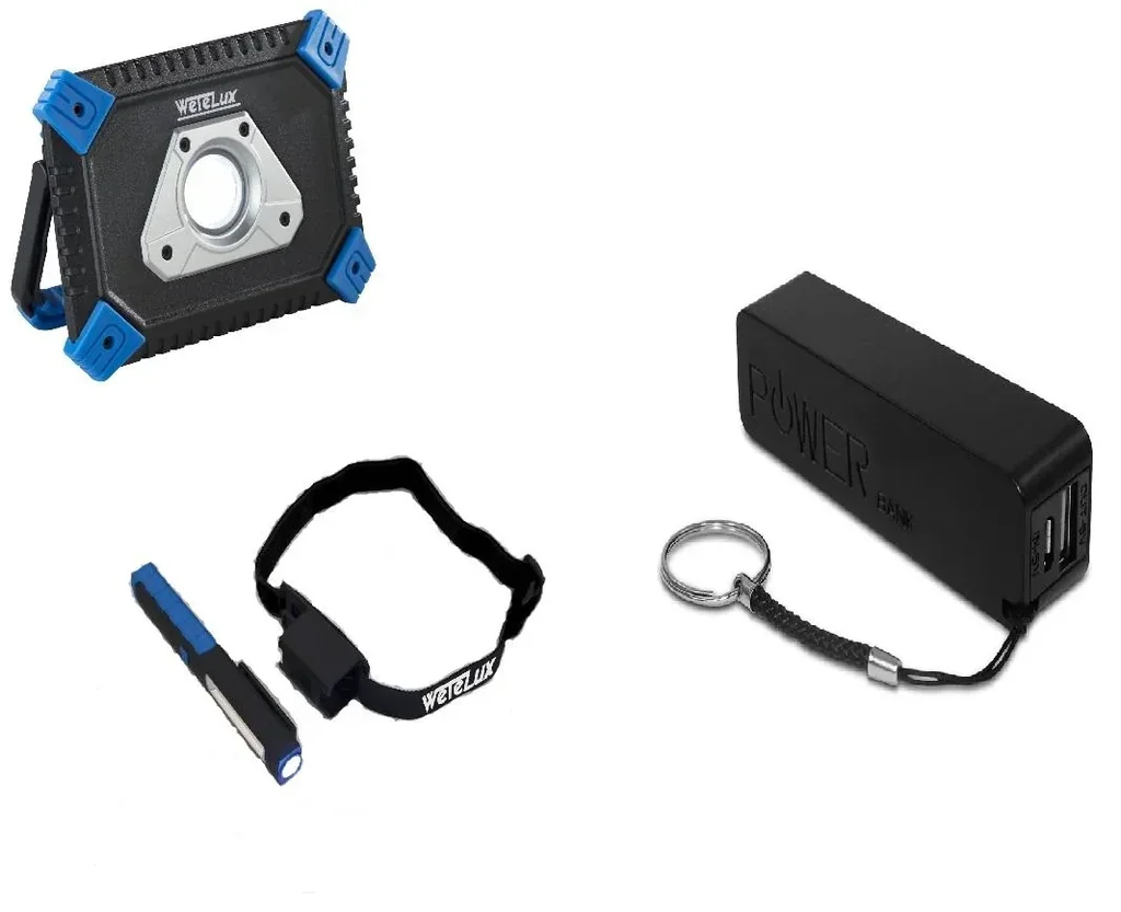 COB-LED BATTERY FLOODLIGHT with power bank + work and head light + power bank