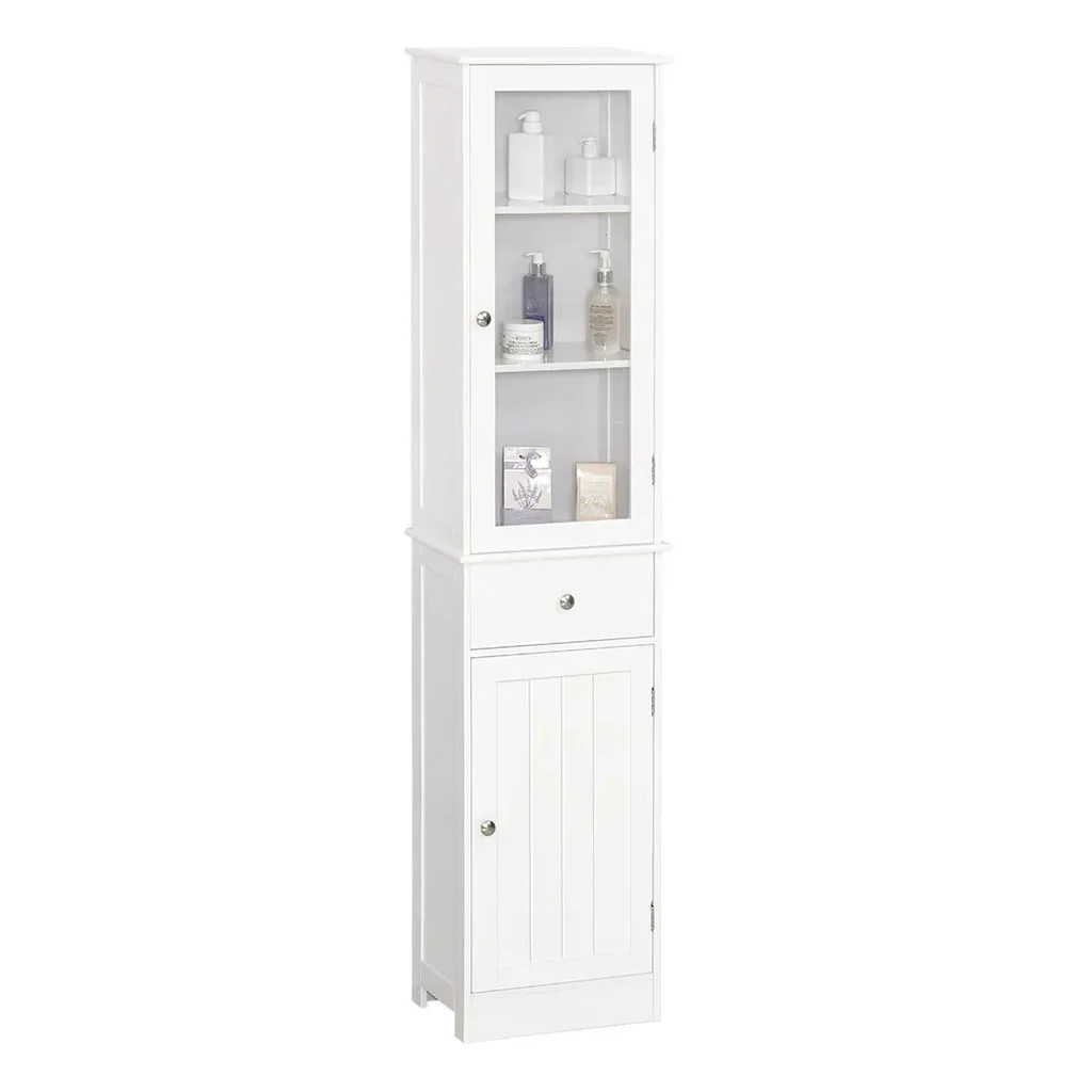 Bathroom cabinet, bathroom cabinet, display cabinet, kitchen cabinet with drawer, shelves, MDF, acrylic, 40 x 27 x 171.5 cm, white