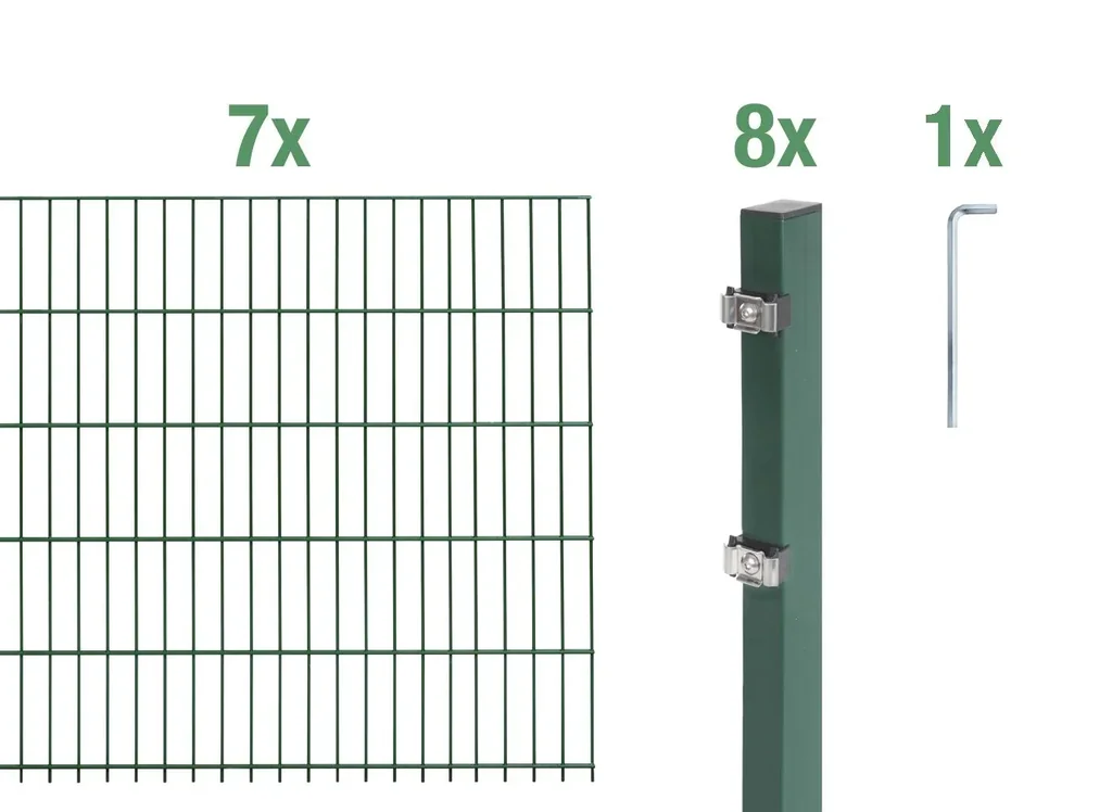 Double rod mesh fence complete set, green, height 100 cm, length 14 m