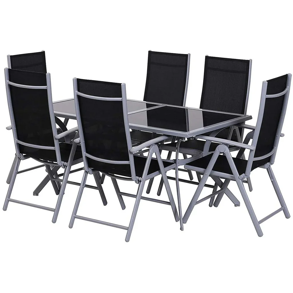 Aluminium garden table set with black glass top, foldable, with 6 chairs