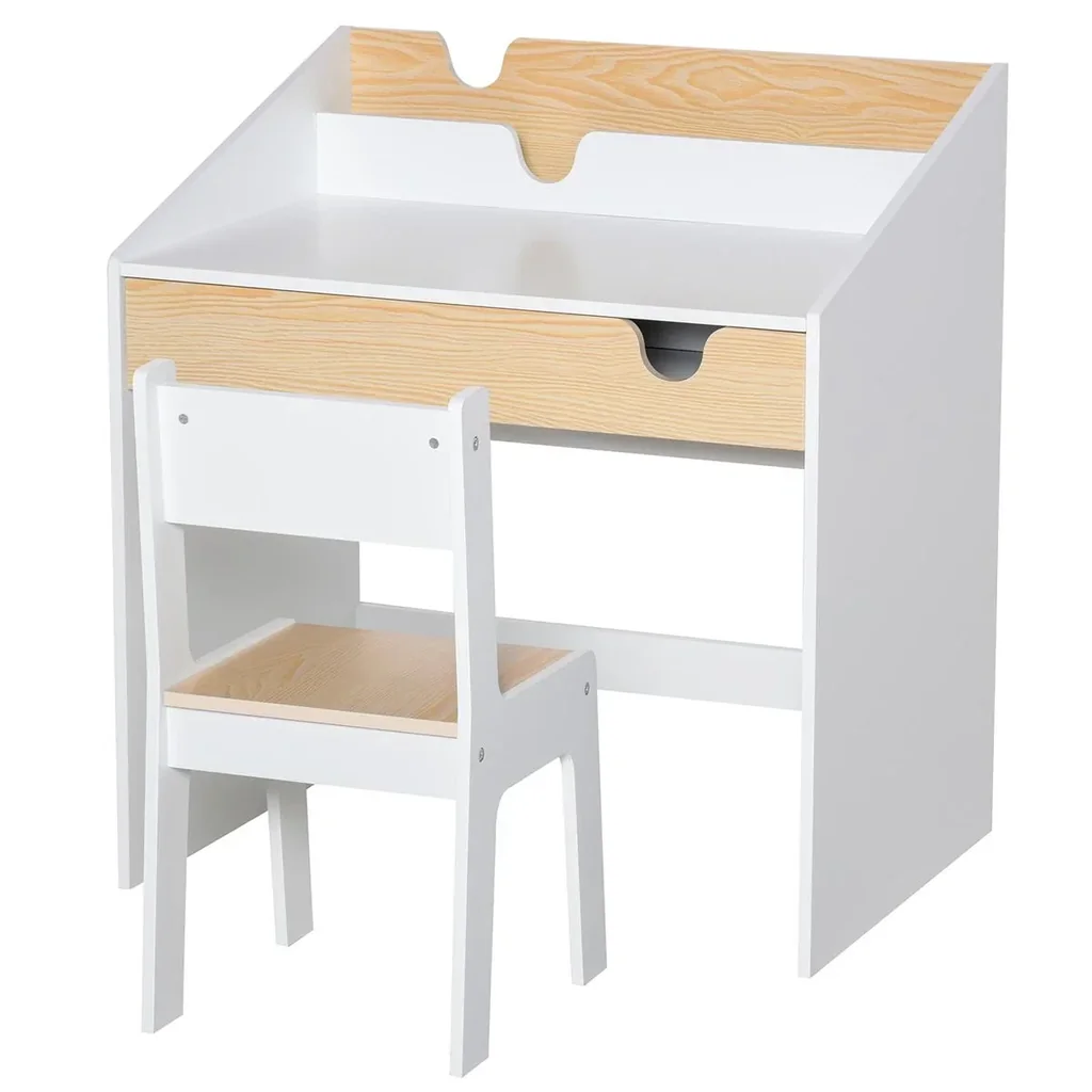 2-piece children's seating group with children's table and chair for 6-10 years old children's furniture MDF white+natural 70 x 50 x 75 cm