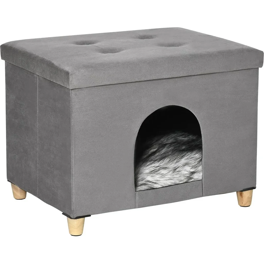 2-in-1 Cat House and Ottoman - Grey - 60 x 45 x 44.5 cm