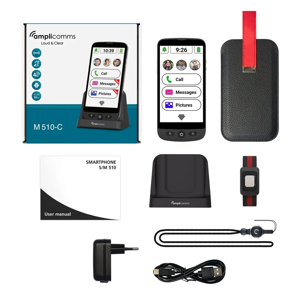 Senior Smartphone M510-C with charging cradle, SOS bracelet and protective case