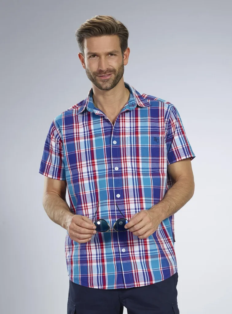 Casual shirt, short sleeves, blue/red/turquoise checked, size 39/40