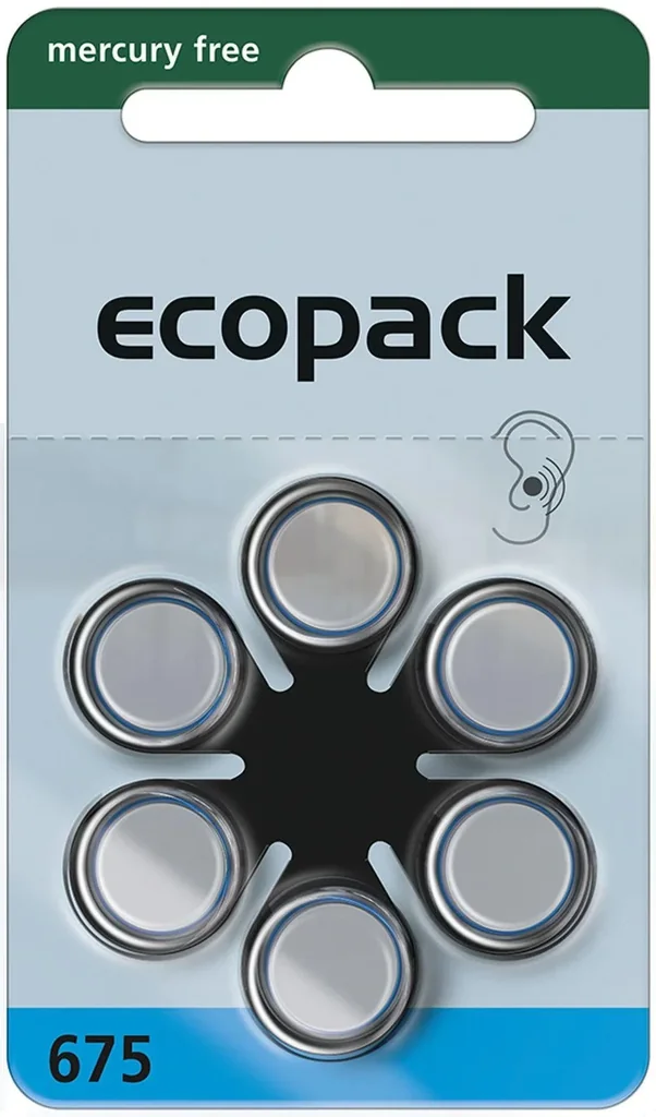 Hearing aid battery Ecopack Type 675(PR44) BLUE - 6 pieces