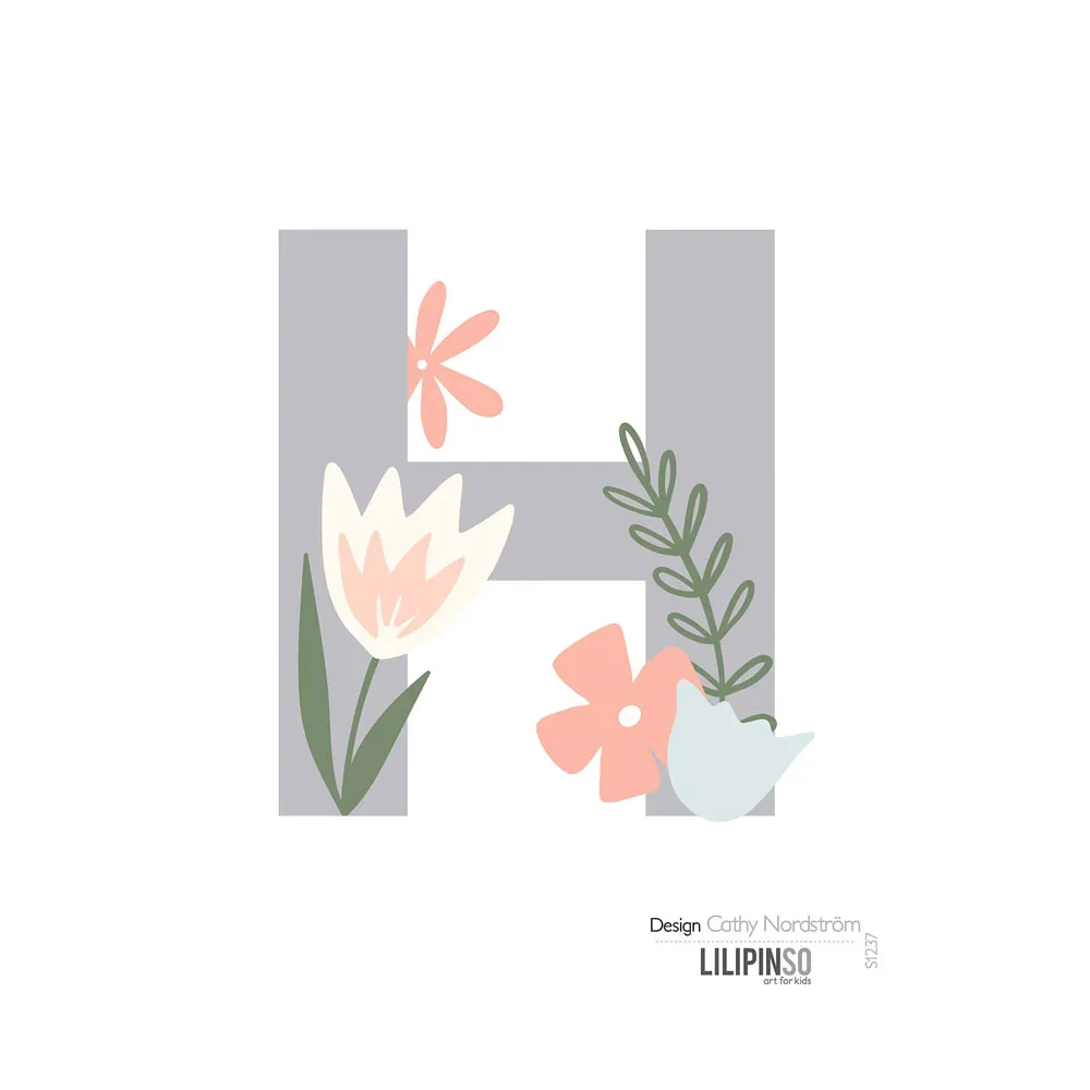 Lilipinso stickerletter met bloemen grijs roze pastel H