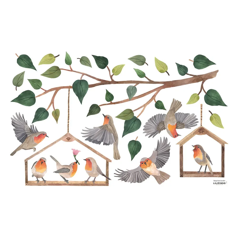 Lilipinso muursticker M roodborstje in vogelhuisje