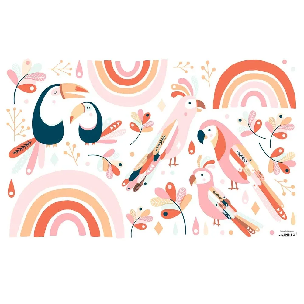 Lilipinso muursticker M vogels met regenboog roze pastel