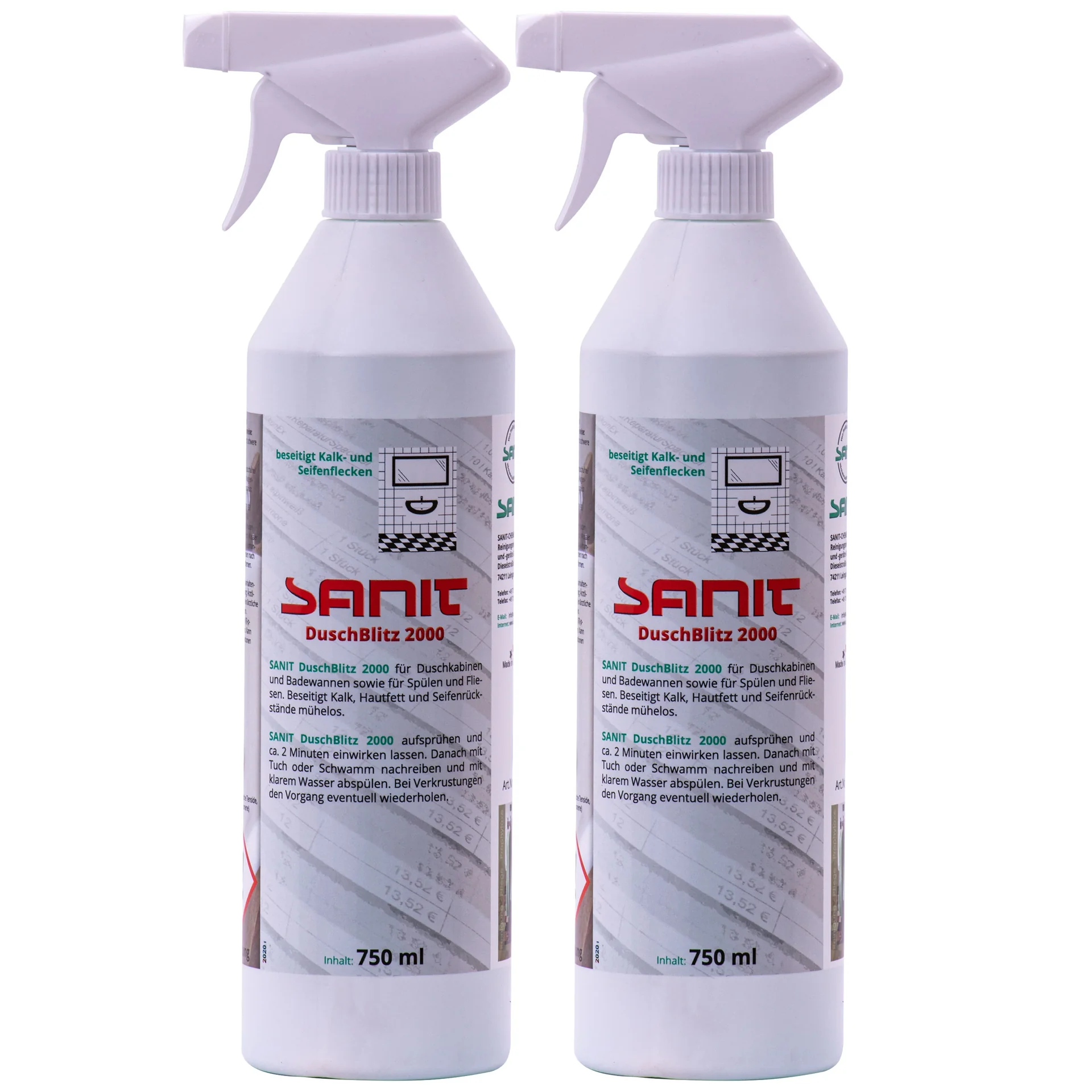 Douche reiniger, 2 x 750 ml, Douche schoonmaken, Kalk verwijderen, Badkamer schoonmaken