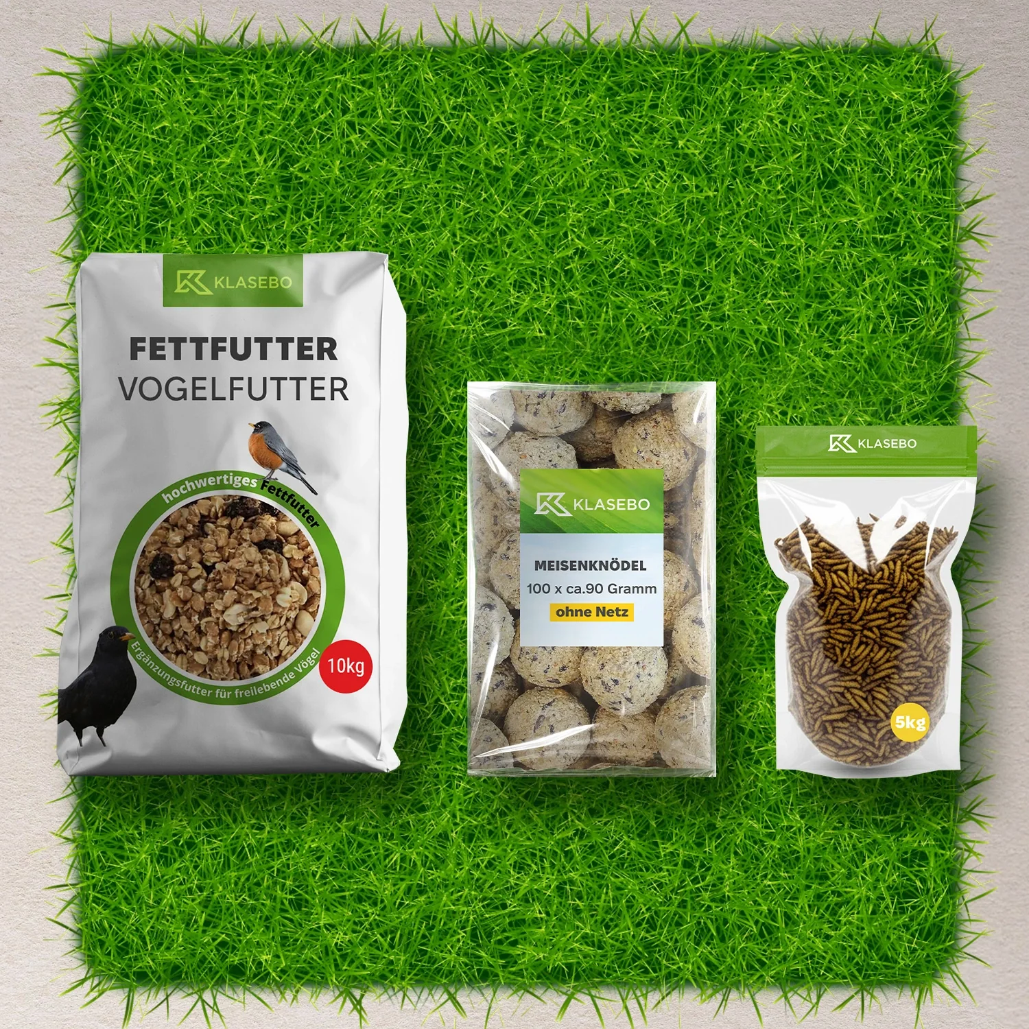 Set Wilde vogel wintervoer 40kg – Strooivoer 25kg, gedroogde zwarte Soldatenfliegenlarven 5kg, Hoogenergie Suet-mengsel 10kg