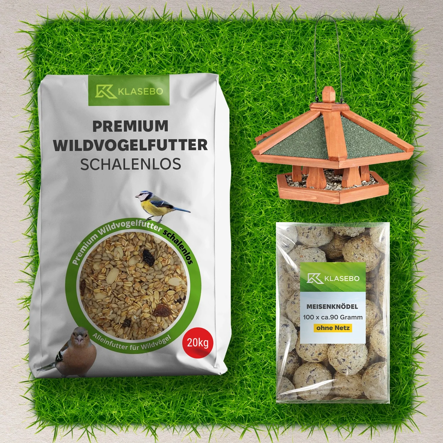 Set Wildvogel-Voer Compleet – Mezenbolletjes met Insecten 100 Stk. à ca. 90g netloos, hangend Voederhuis van Dennenhout 42x24cm, Premium-Wildvogelvoer schaalvrij 20kg
