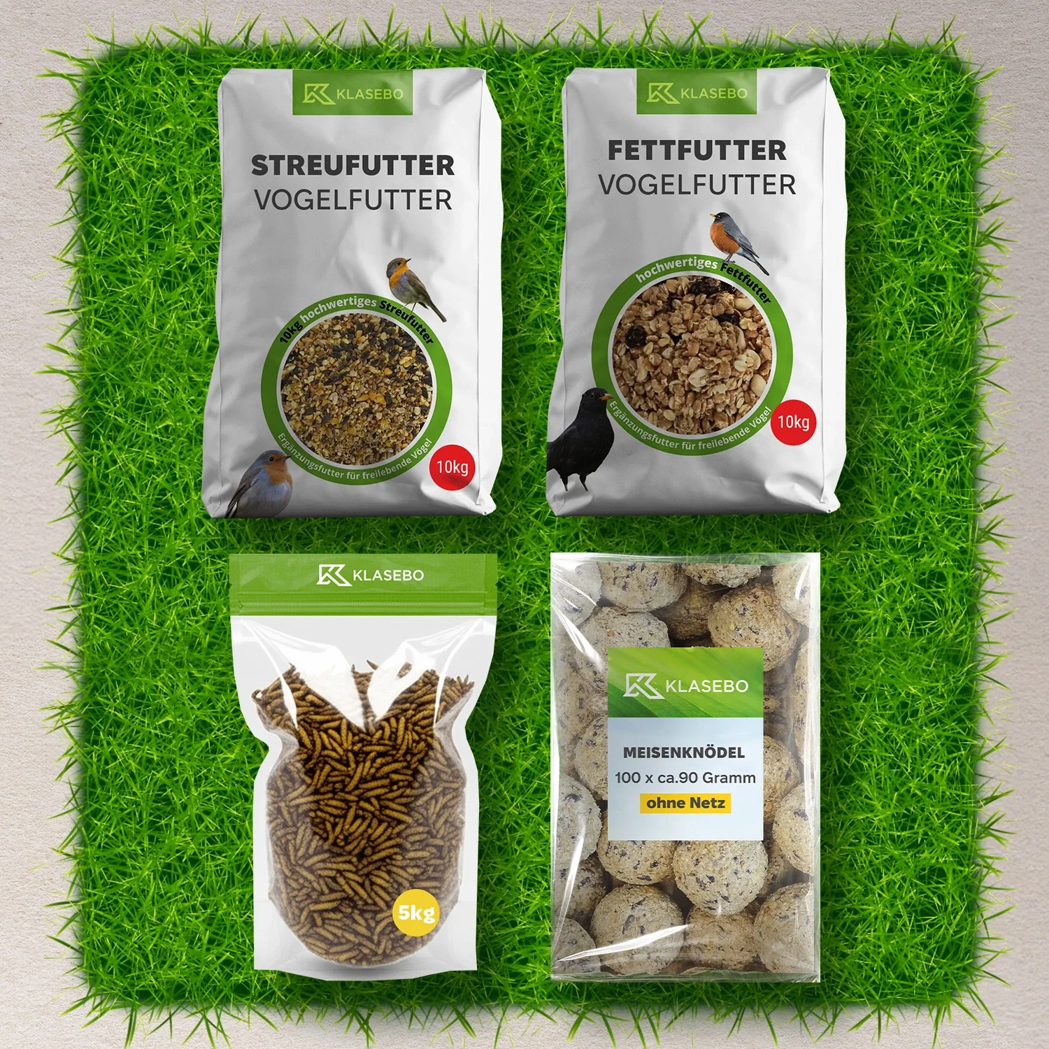 Set Vogelfutter Wildvögel Premium 34kg – Streufutter 10kg, gedroogde Soldatenfliegenlarven 5kg, Vettballen 100 Stk. à 90g, Hochenergie Suet-Mix 10kg