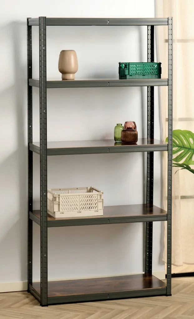 Heavy-duty shelving unit with 5 MDF shelves in wood look
