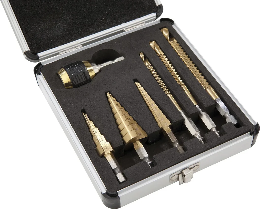 7-delige set titaangecoate HSS-trap- en freesboren