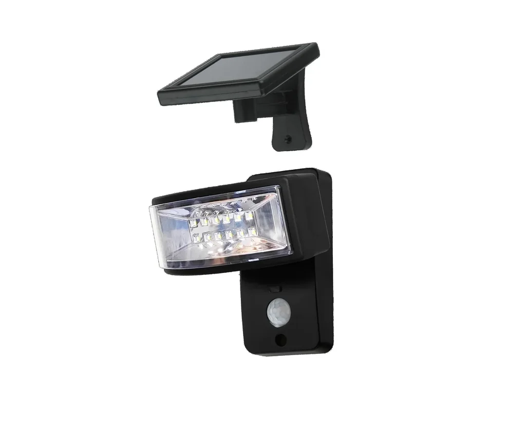 LED wall light with separate solar panel and motion detector
